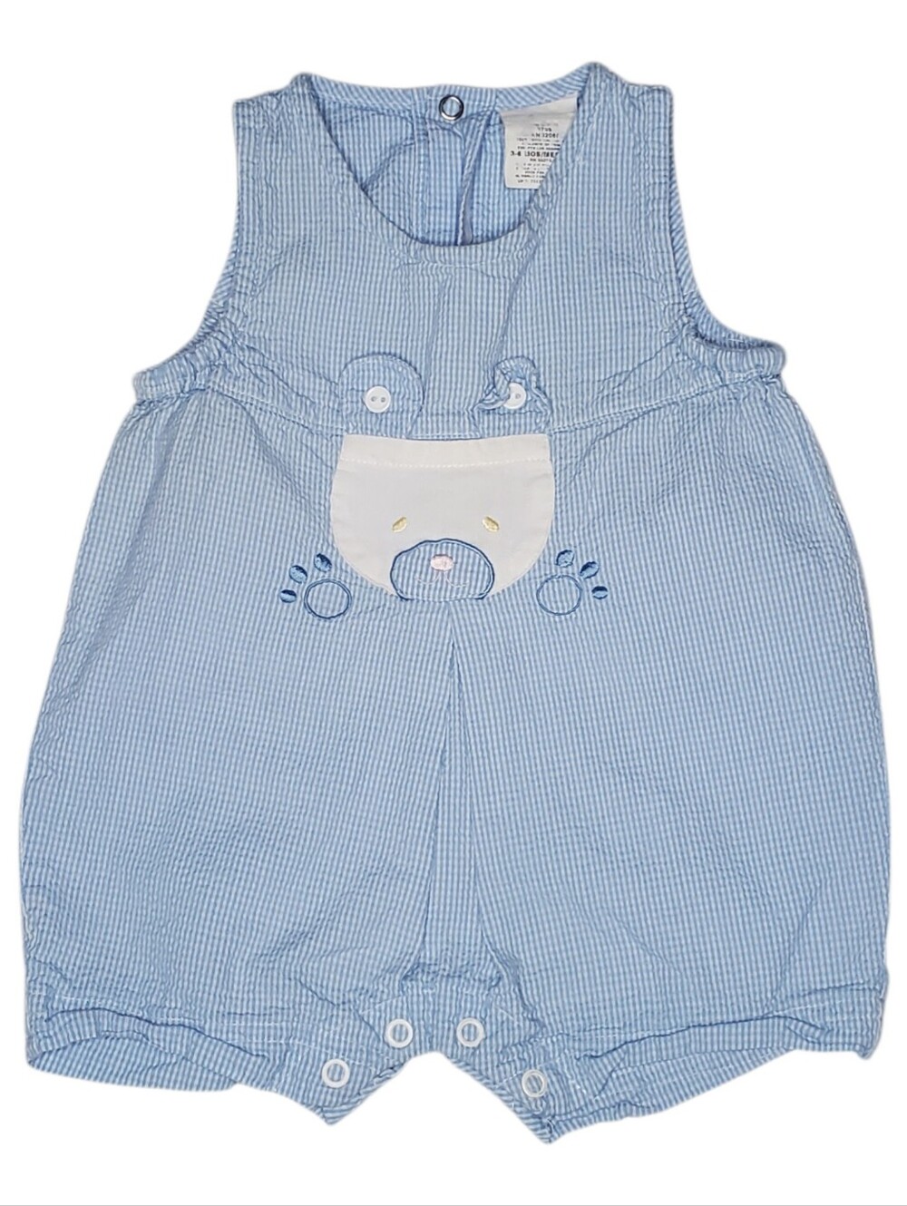 Vintage McBaby Blue Seersucker Bear Romper Shortall Baby Boys 3-6M